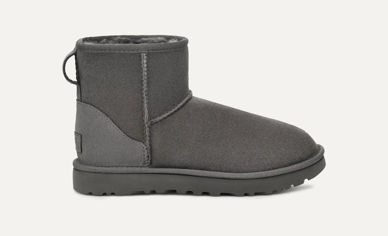 Gray winter UGG boot on a white background. UGG Women's Classic Cozy Sheepskin Mini II Boot