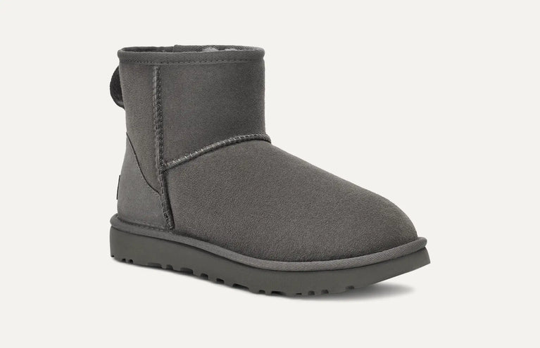 Gray ankle UGG boot on a white background in volonka. UGG Women's Classic Cozy Sheepskin Mini II Boot