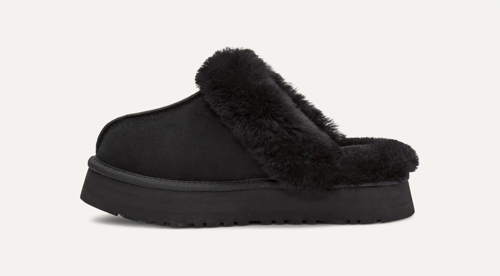 Black ugg slippers with fuzzy texture : UGG Womens Disquette Cozy and Stylish Slippers