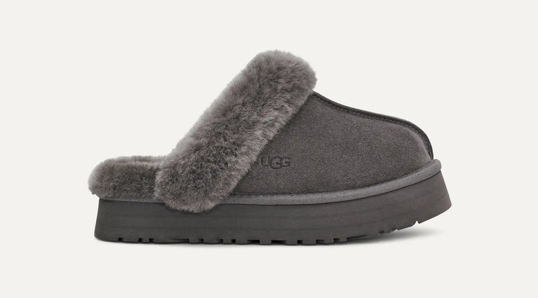 Gray UGG slipper with fuzzy interior in VOLONKA. UGG Womens Disquette Cozy and Stylish Slippers