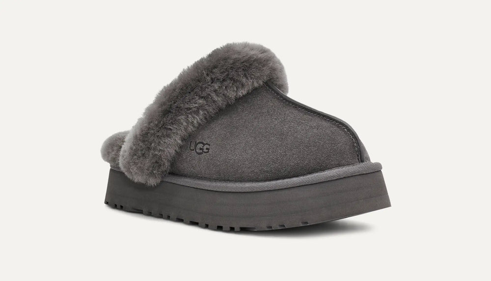 Gray slipper with fuzzy interior. UGG Womens Disquette Cozy and Stylish Slippers