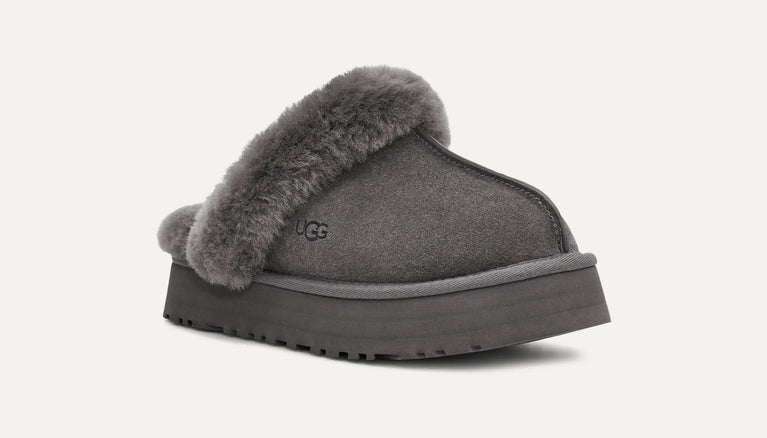 Gray slipper with fuzzy interior. UGG Womens Disquette Cozy and Stylish Slippers