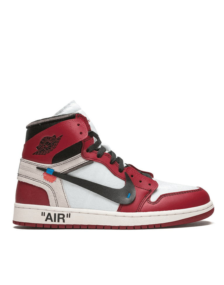Air Jordan Off White 1 Chicago Sneakers featuring a bold red and white design with signature branding.
