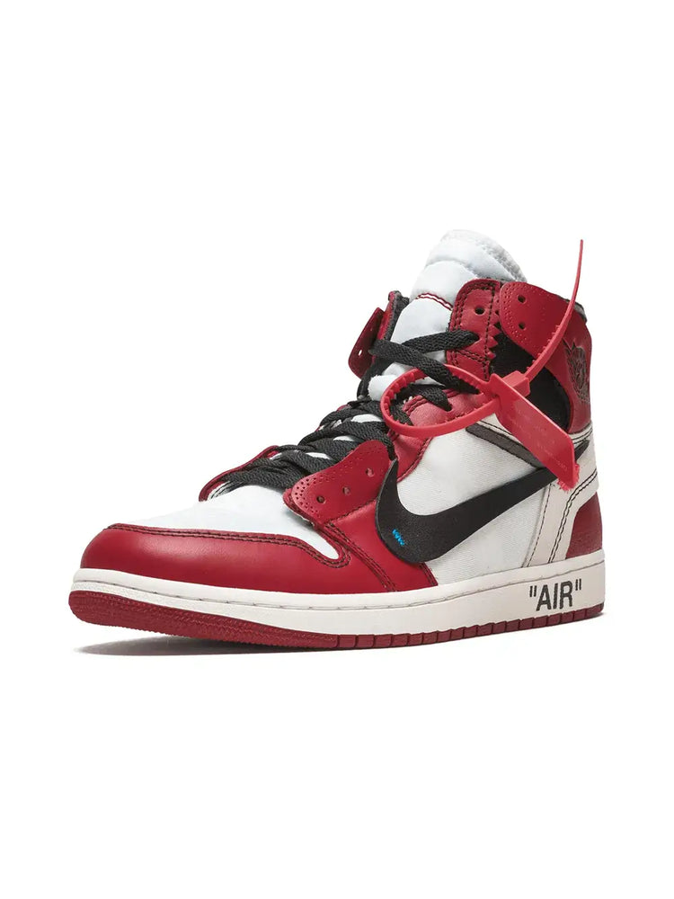Air Jordan Off White 1 Chicago Sneakers featuring a bold red and white design with signature branding.
