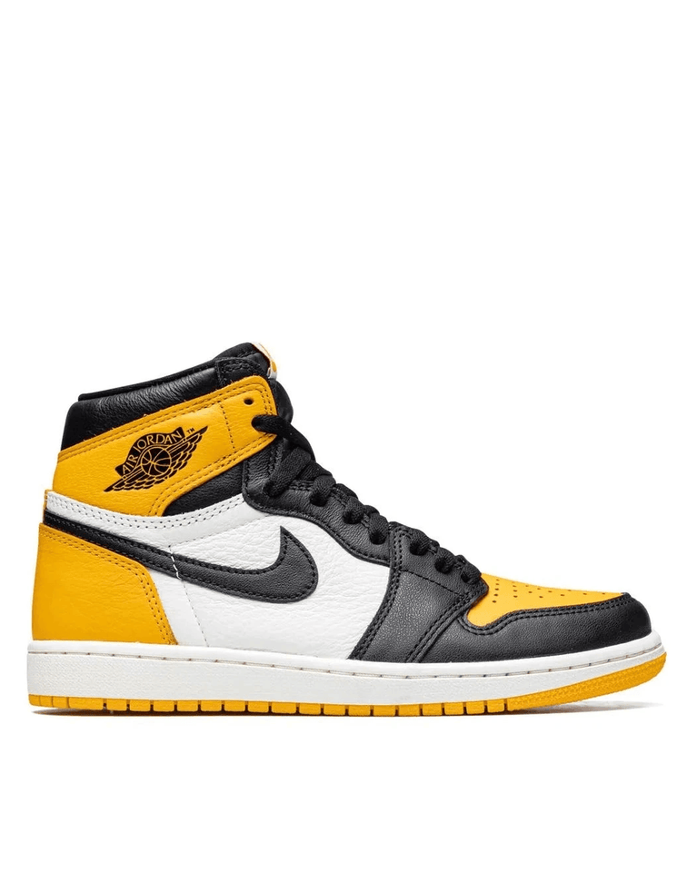 Air Jordan 1 High OG Taxi sneakers in black, white, and yellow colorway, highlighting premium leather design.