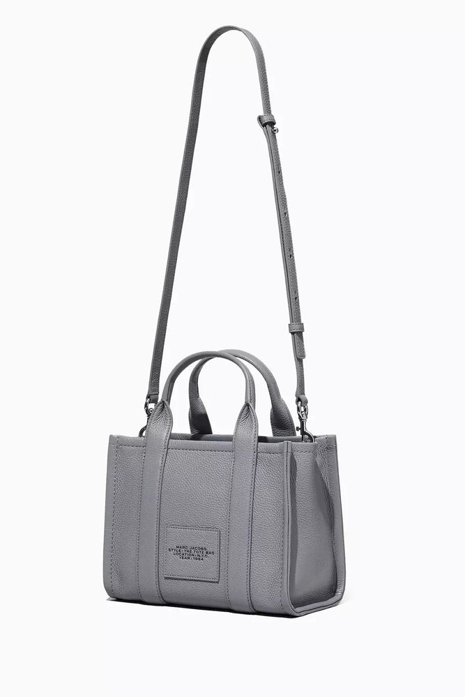 Marc Jacobs Shopper Tote Bag Leather Gray with logo and adjustable strap, stylish everyday accessory.