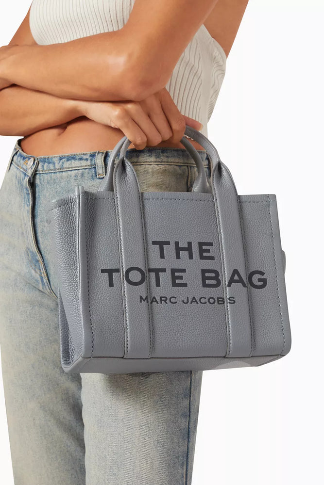Marc Jacobs Shopper Tote Bag Leather Gray with logo and adjustable strap, stylish everyday accessory.