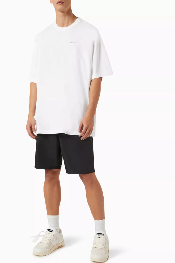 Off White Moon Cam Arrow Tshirt featuring a bold red graphic on a black backg