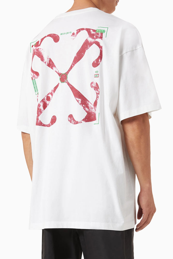 Off White Moon Cam Arrow Tshirt featuring a bold red graphic on a black backg