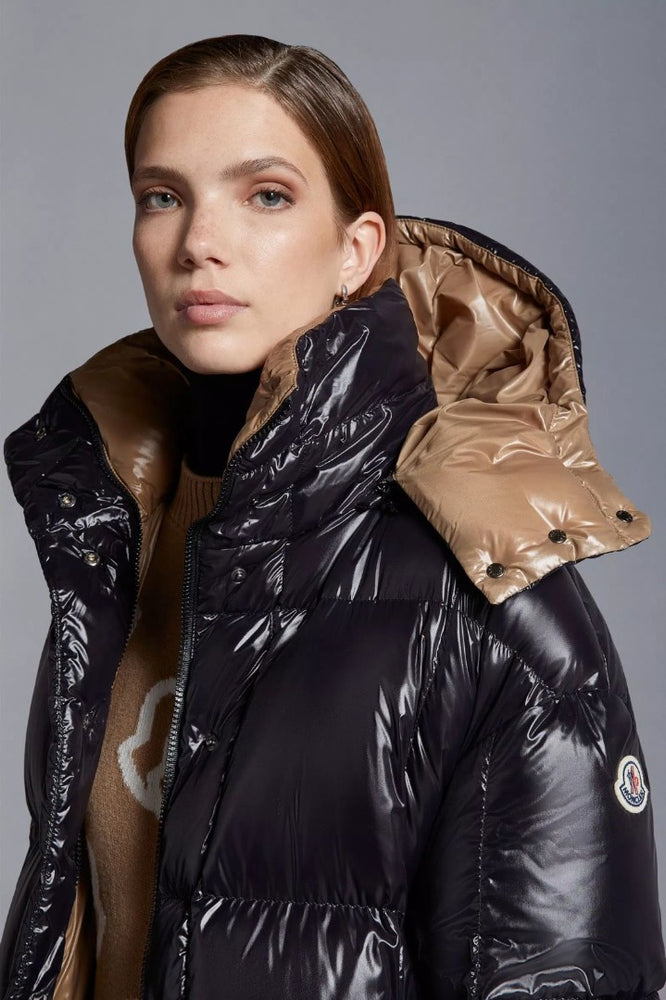 Woman wearing Moncler Cavettaz Hooded Long Down Jacket