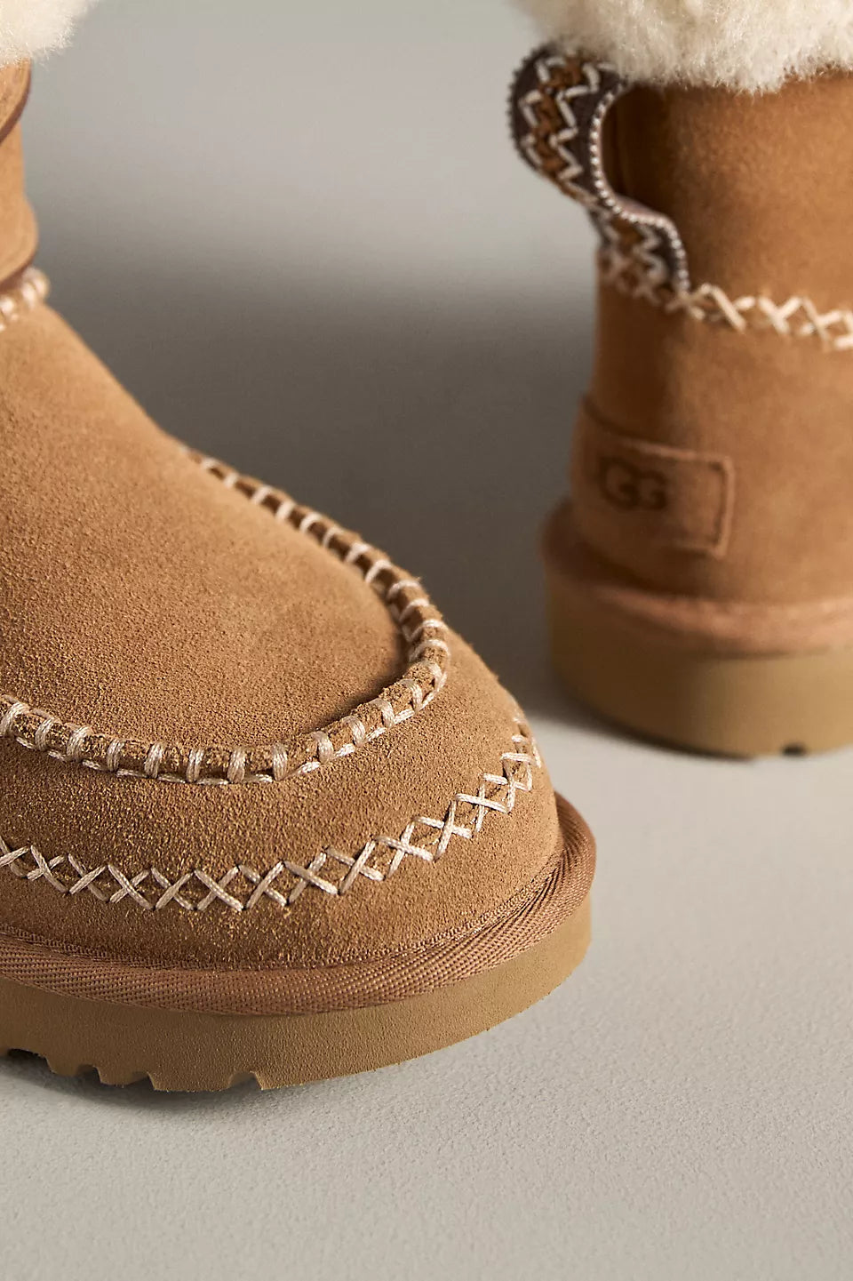 Close-up of brown suede boots. UGG Classic Mini Alpine Women's Winter Snow Boots