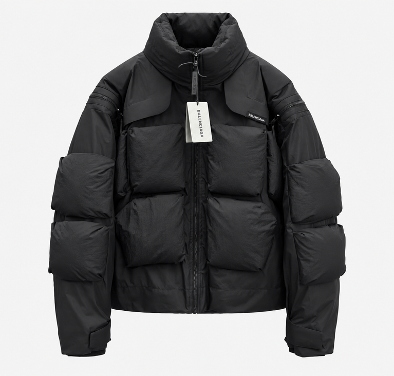 Balenciaga Oversize Puffer Jacket in black with voluminous puffed sleeves and stylish detailing.