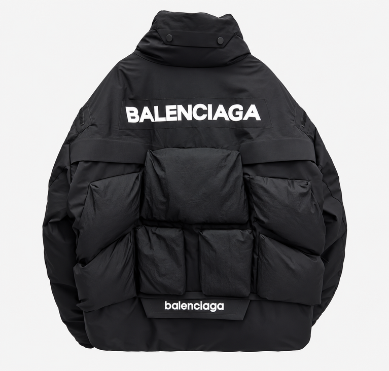 Balenciaga Oversize Puffer Jacket in black with voluminous puffed sleeves and stylish detailing.
