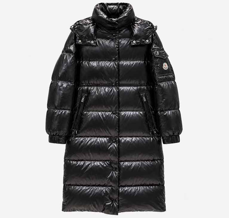 Moncler Winter Long Murray Jacket in black, featuring a shiny finish and a hooded design.