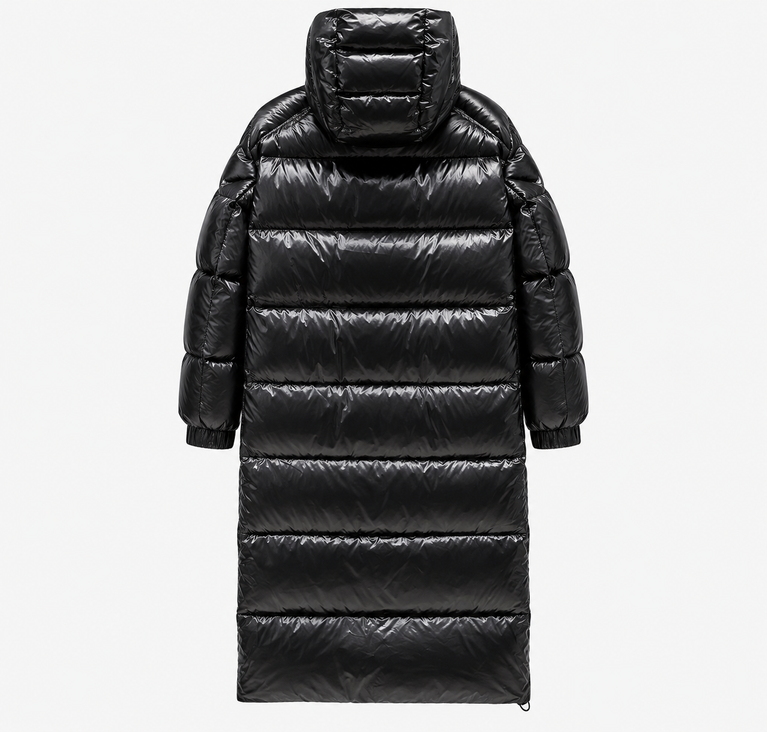 Moncler Winter Long Murray Jacket in black, featuring a shiny finish and a hooded design.