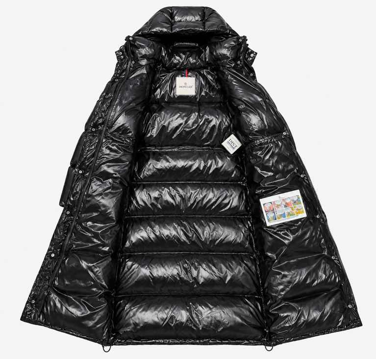 Moncler Winter Long Murray Jacket in black, featuring a shiny finish and a hooded design.