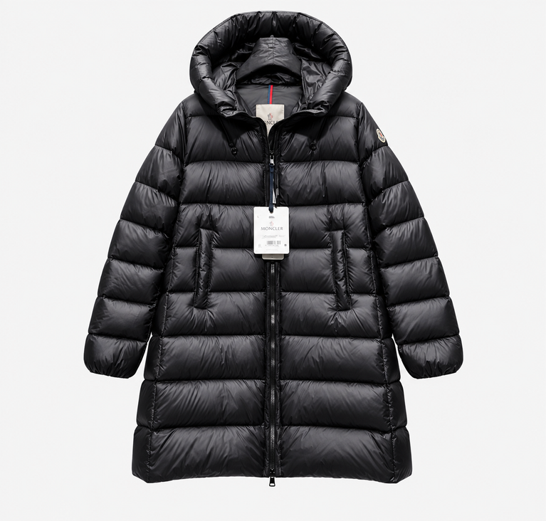Moncler Women Down Jacket Suyenne, stylish black puffer jacket with hood and front zip.