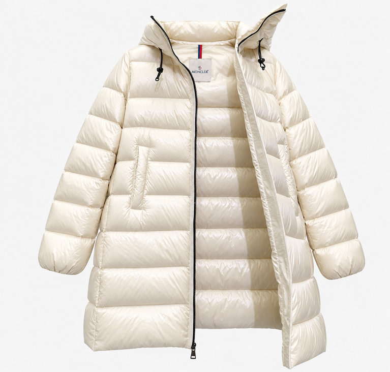 Moncler Women Down Jacket Suyenne, stylish Ivory puffer jacket with hood and front zip.