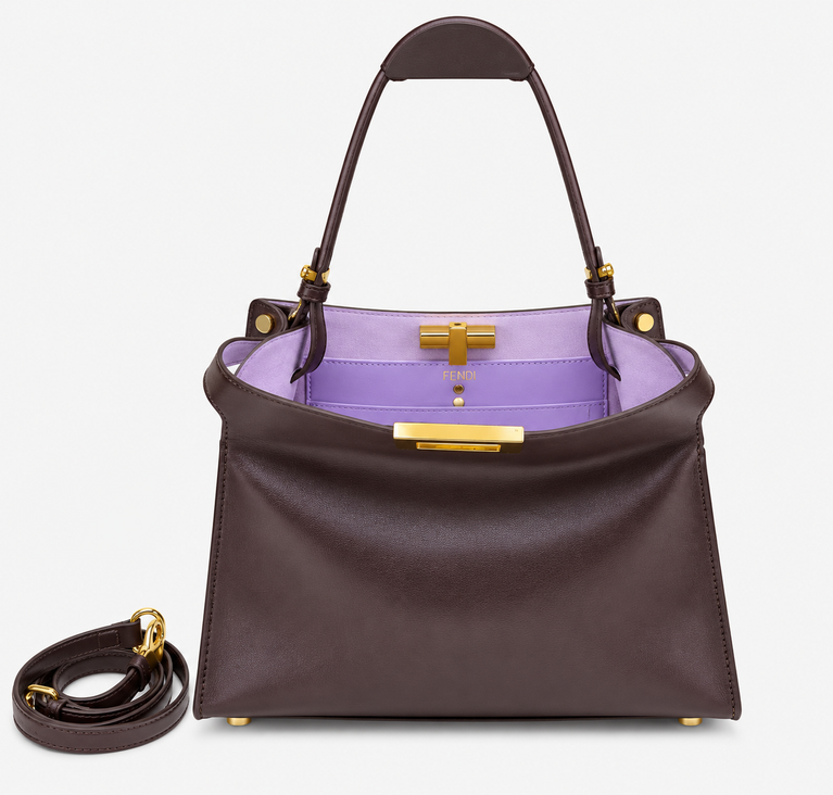 Fendi Women Way Medium Leather Bag featuring a dark brown exterior and light purple interior.