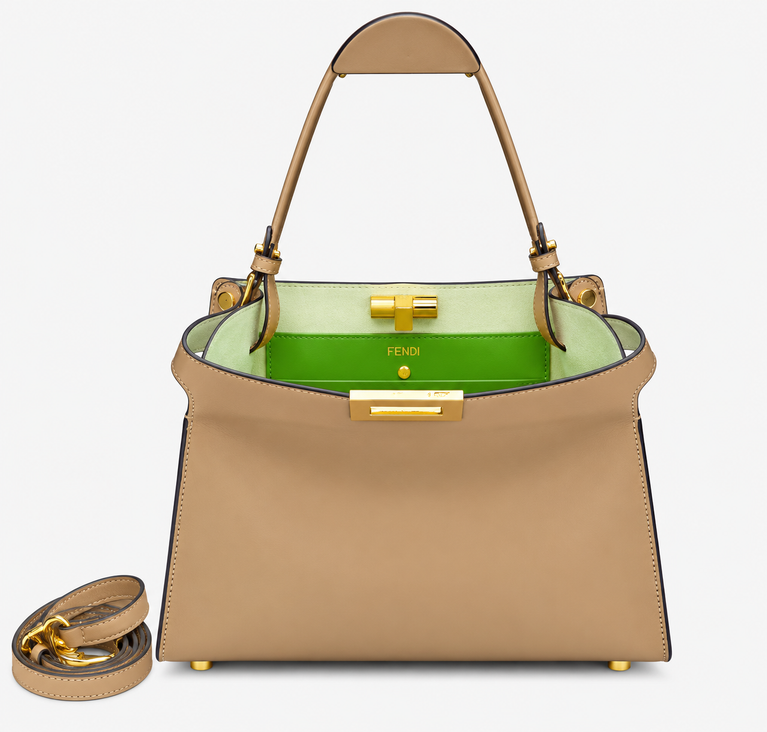 Fendi Women Way Medium Leather Bag open showing green interior and detachable strap.