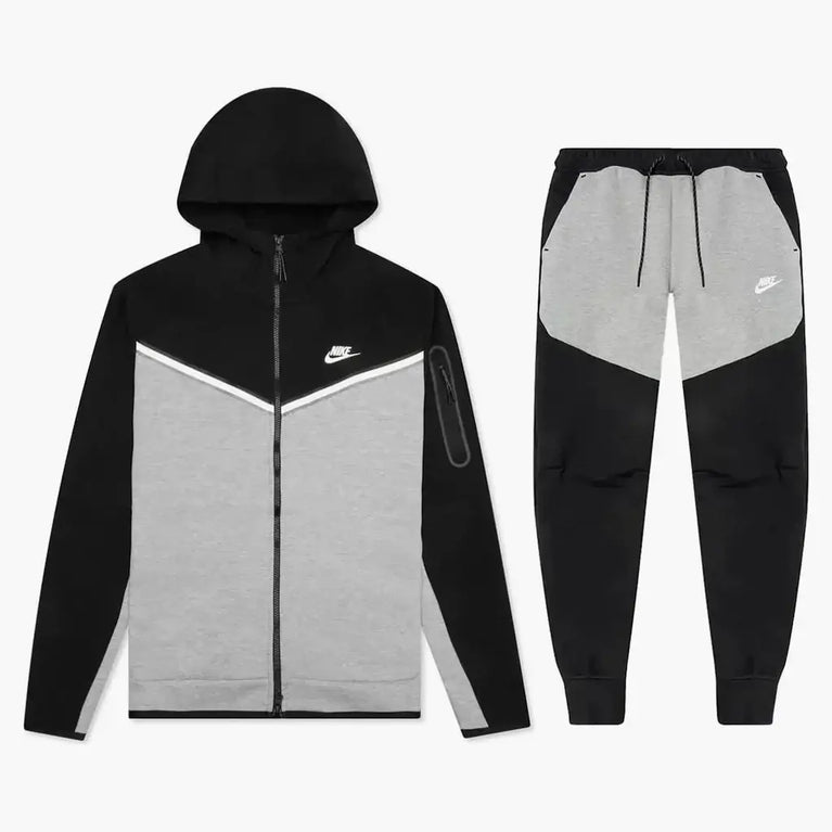 Nike Sportswear Tech Fleece Hoodie & Joggers Set Grey/Black displayed on a white background.