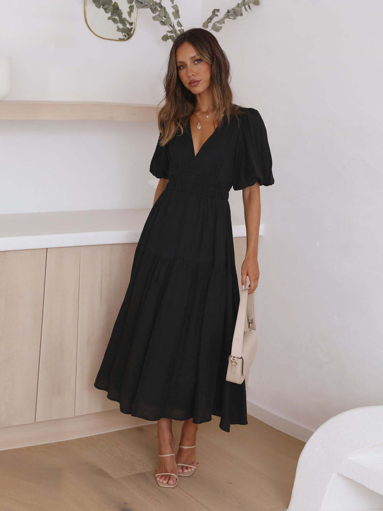 Women's V Neckline Puffed Sleeves Dress