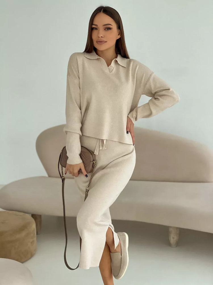 Chic Elegant Soft Knit Sweater with Skirt Set