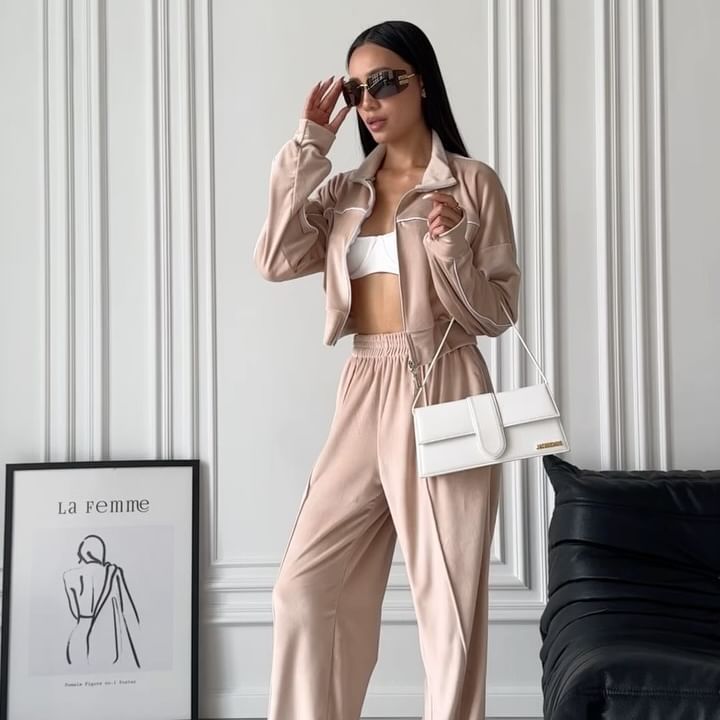 Cardigan Sweatshirt & Slit Pants Set