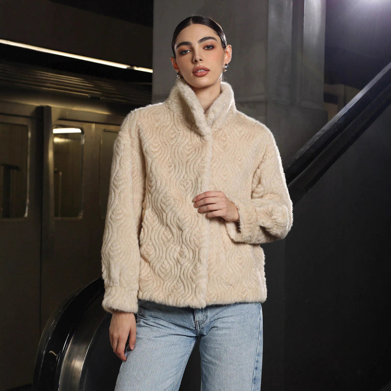 Beige Textured Faux Fur Jacket with High Collar