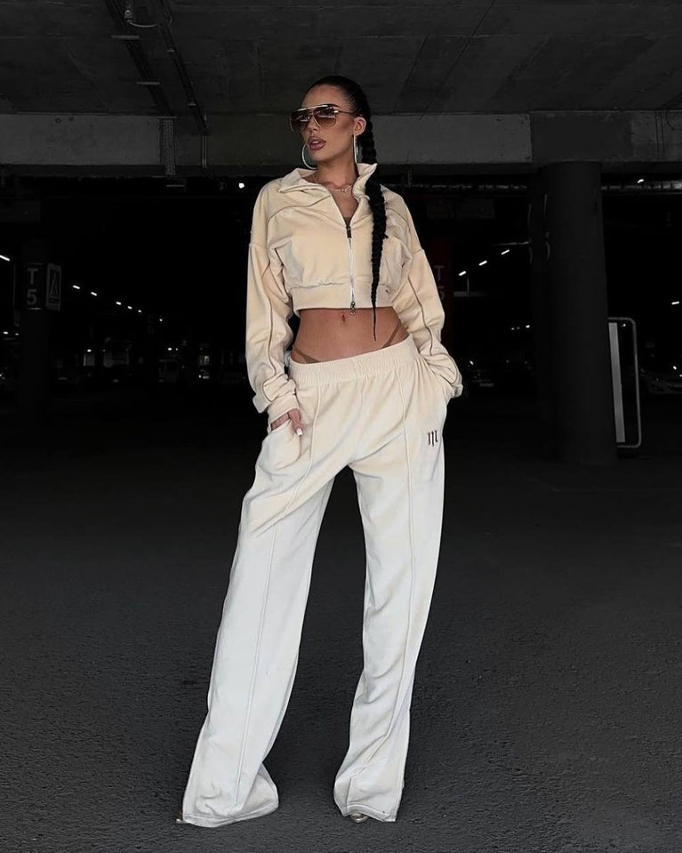 Cardigan Sweatshirt & Slit Pants Set