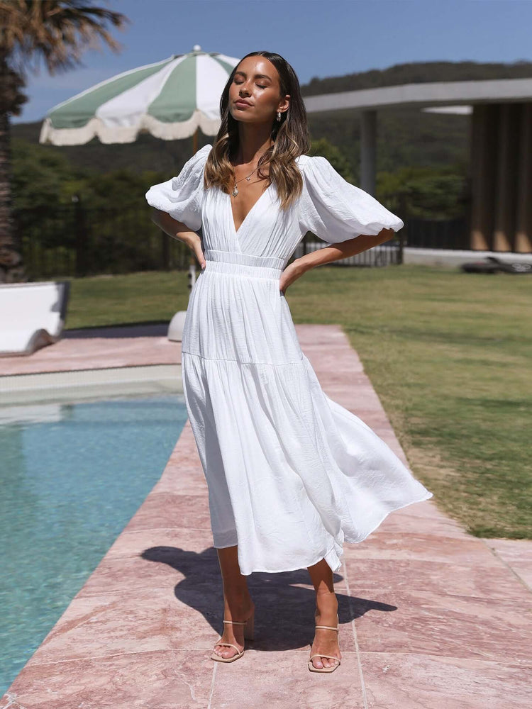 Women's V Neckline Puffed Sleeves Dress