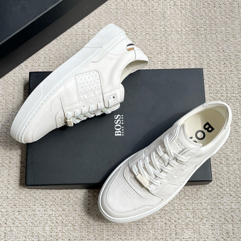 Hugo Boss Men Clint Tennis Sneakers White Leather Logo Stripe Lace Up Shoes New