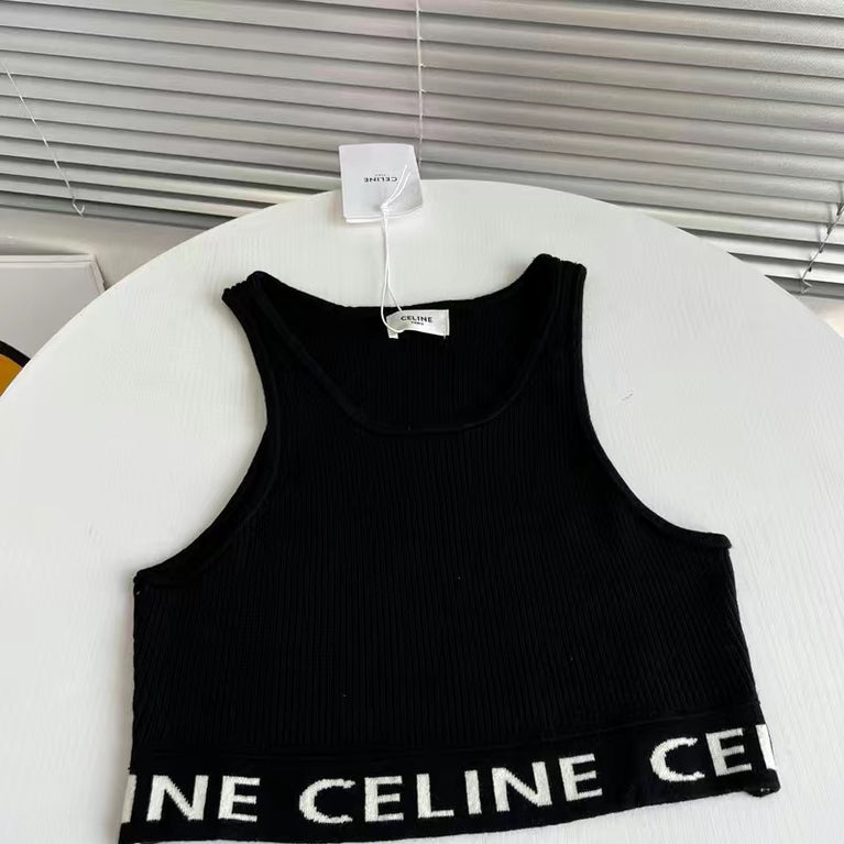 Black tank top with Celine branding on a white surface. Celine original Bra In Athletic Knit in volonka store