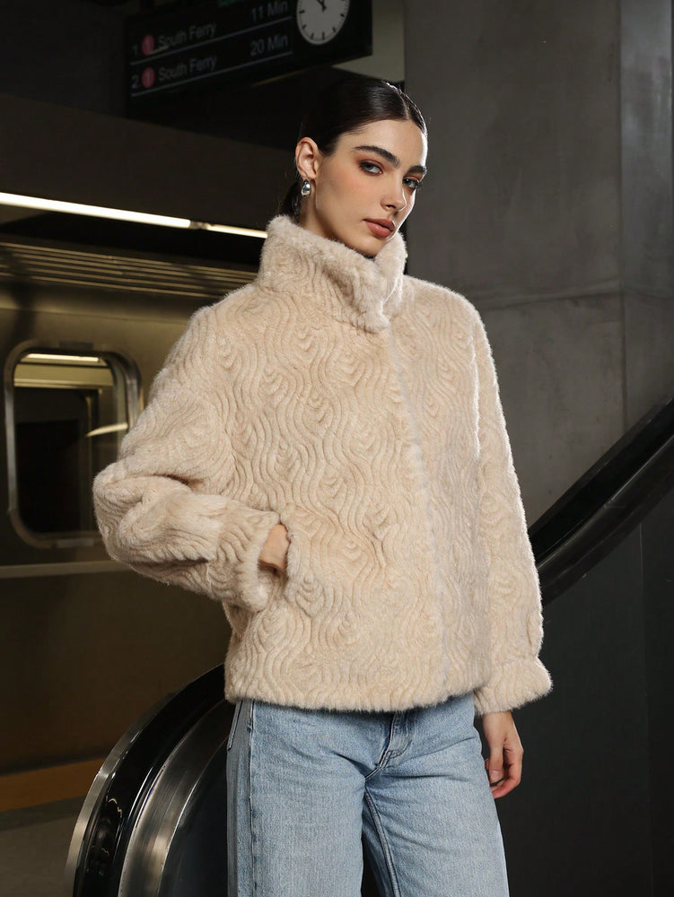 Beige Textured Faux Fur Jacket with High Collar