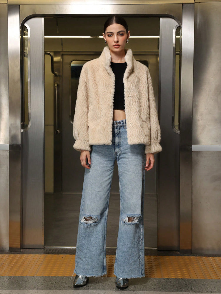 Beige Textured Faux Fur Jacket with High Collar