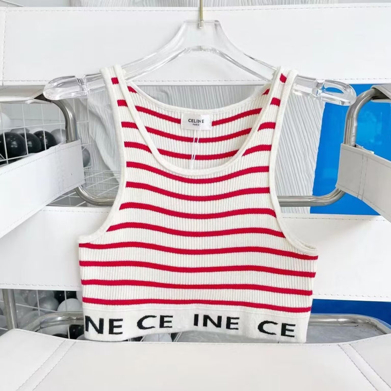 Red and white striped tank top with 'CELINE' branding on a hanger.
