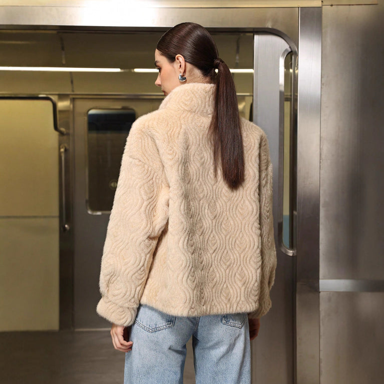 Beige Textured Faux Fur Jacket with High Collar