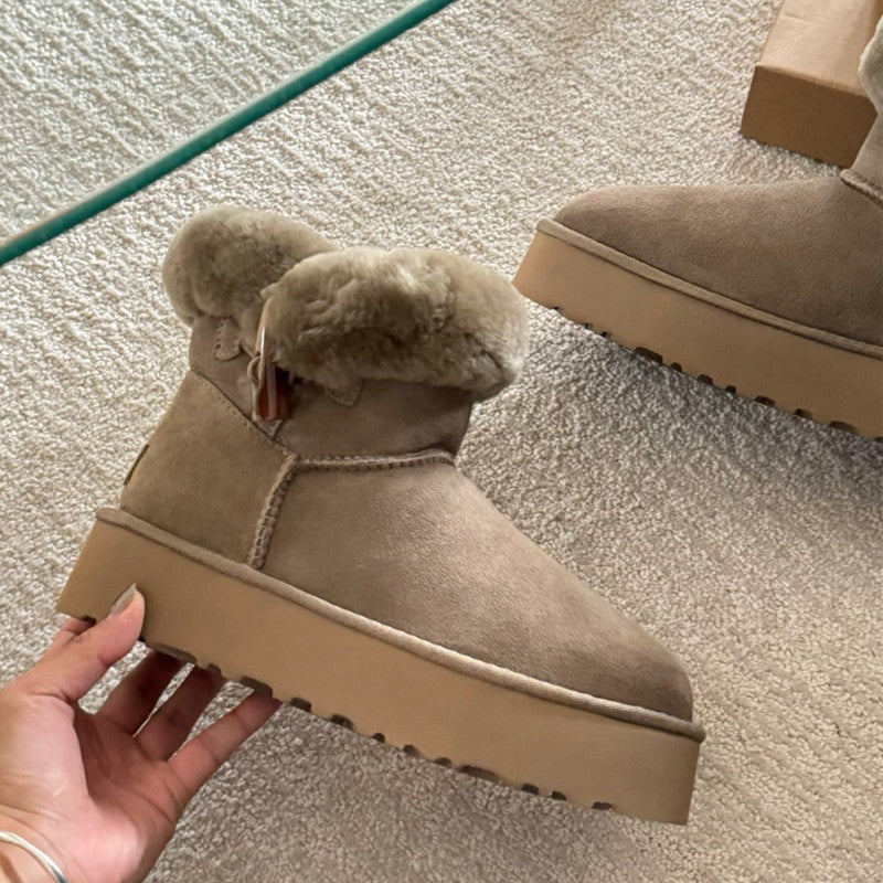 Beige suede boot with fluffy top, UGG Women's Winter Boots with Platform Sole at Volonka.