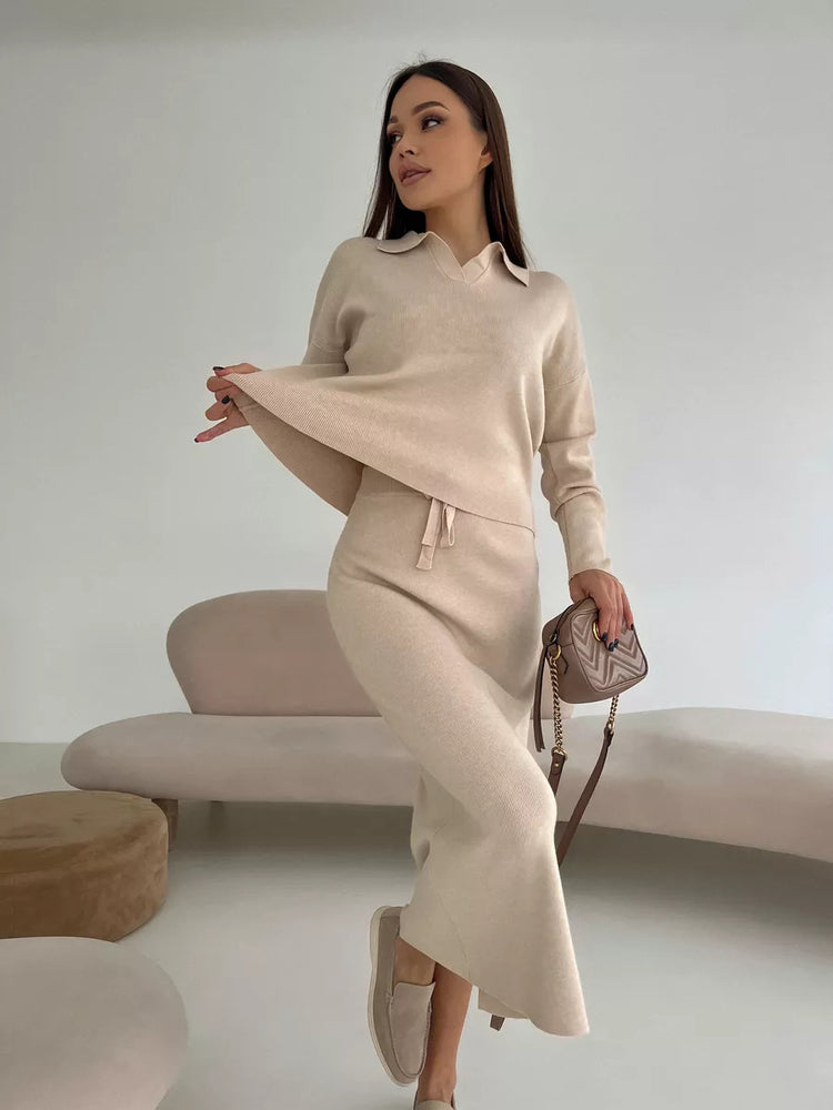 Chic Elegant Soft Knit Sweater with Skirt Set