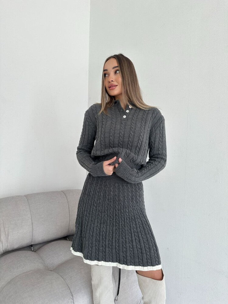Woman wearing a gray Casual Knitted Sweater and Skirt Two-Piece Set at volonka store.