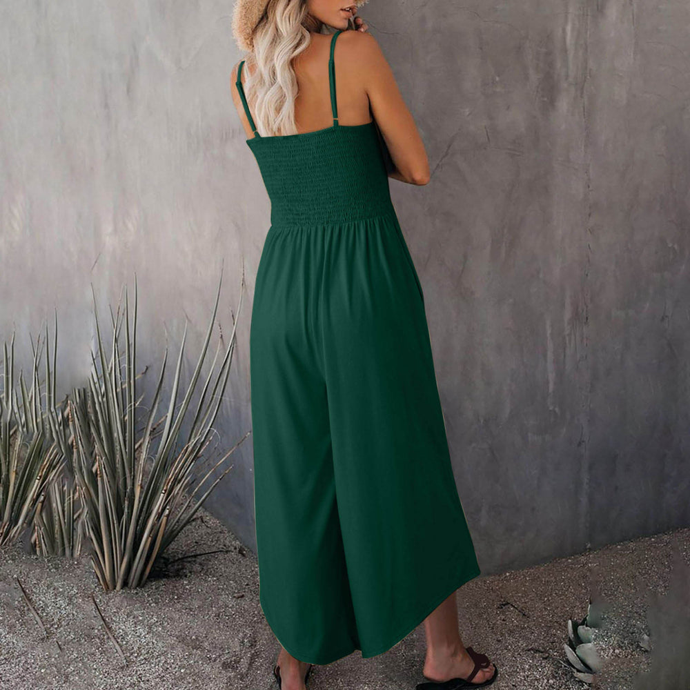 Woman wearing a green dress. Women's Summer Breathable Casual Jumpsuit