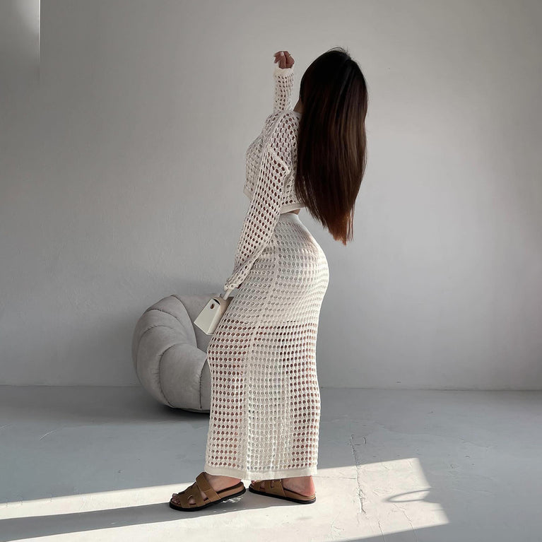 Elegantes zweiteiliges Set aus gestricktem Rock mit Lochmuster