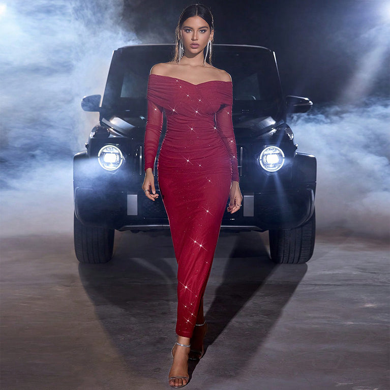 Off Shoulder Ruched Bodycon Mesh Maxi Dress