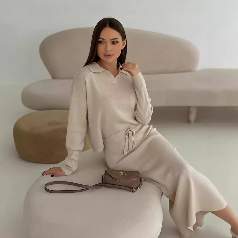 Chic Elegant Soft Knit Sweater with Skirt Set