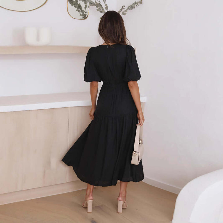Women's V Neckline Puffed Sleeves Dress