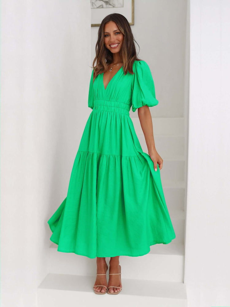 Women's V Neckline Puffed Sleeves Dress