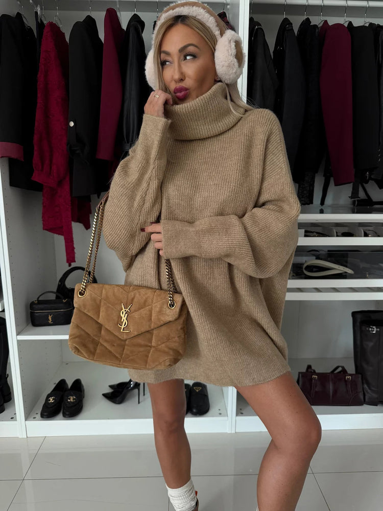 Women's High Necked Long Knitted Sweater