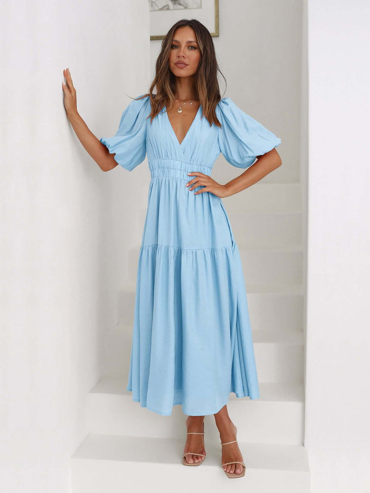 Women's V Neckline Puffed Sleeves Dress
