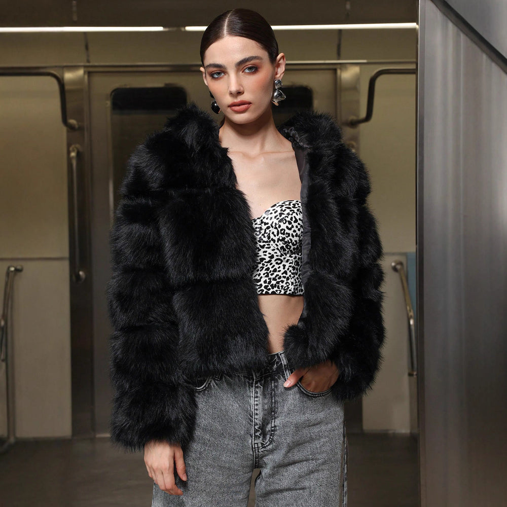 woman wearing Black Faux Fur Hooded Jacket for Women