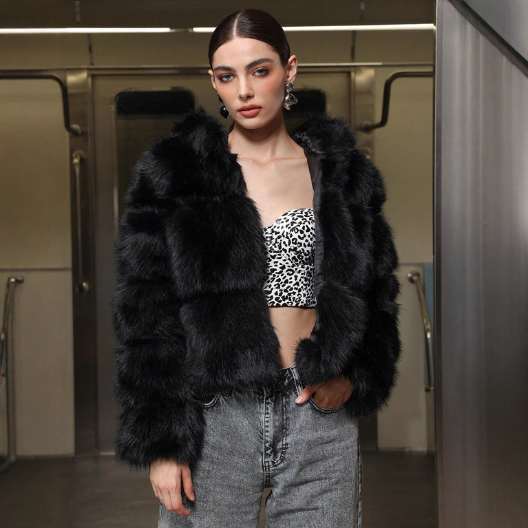 woman wearing Black Faux Fur Hooded Jacket for Women